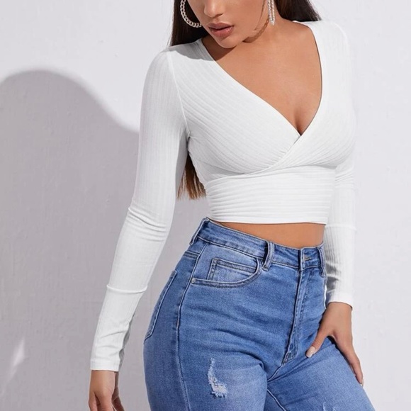 Tops - Surplice Neck Rib-Knit Crop Tee